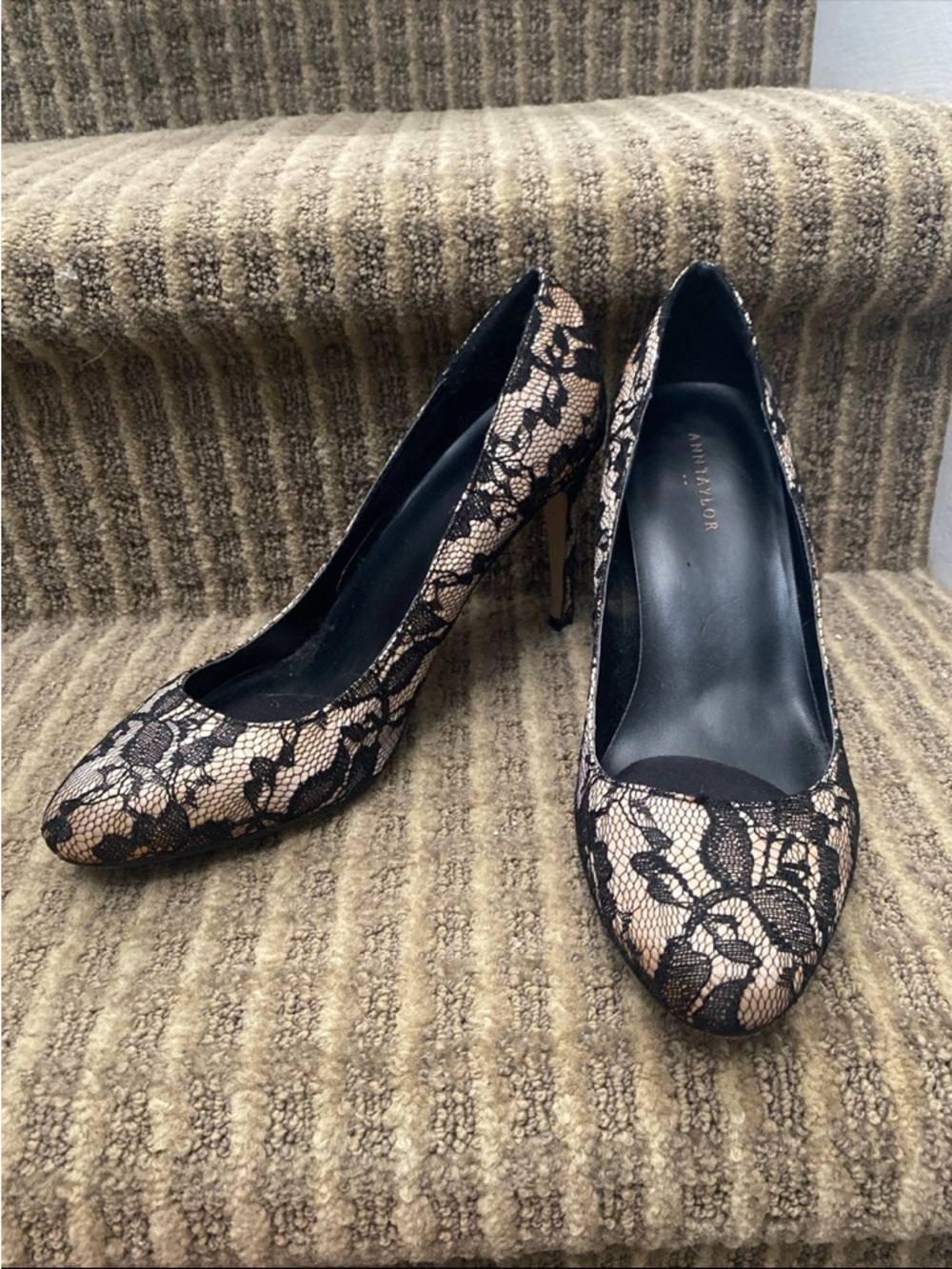 Ann Taylor Black Lace Over Nude Pointed Toe Pumps